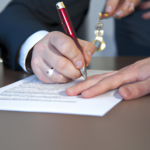 Una persona que firma un documento ante un notario público