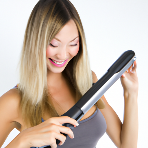 1. אישה משתמשת בשמחה במחליק שיער חשמלי, מציגה את העיצוב המלוטש והשימושיות הקלה שלו.